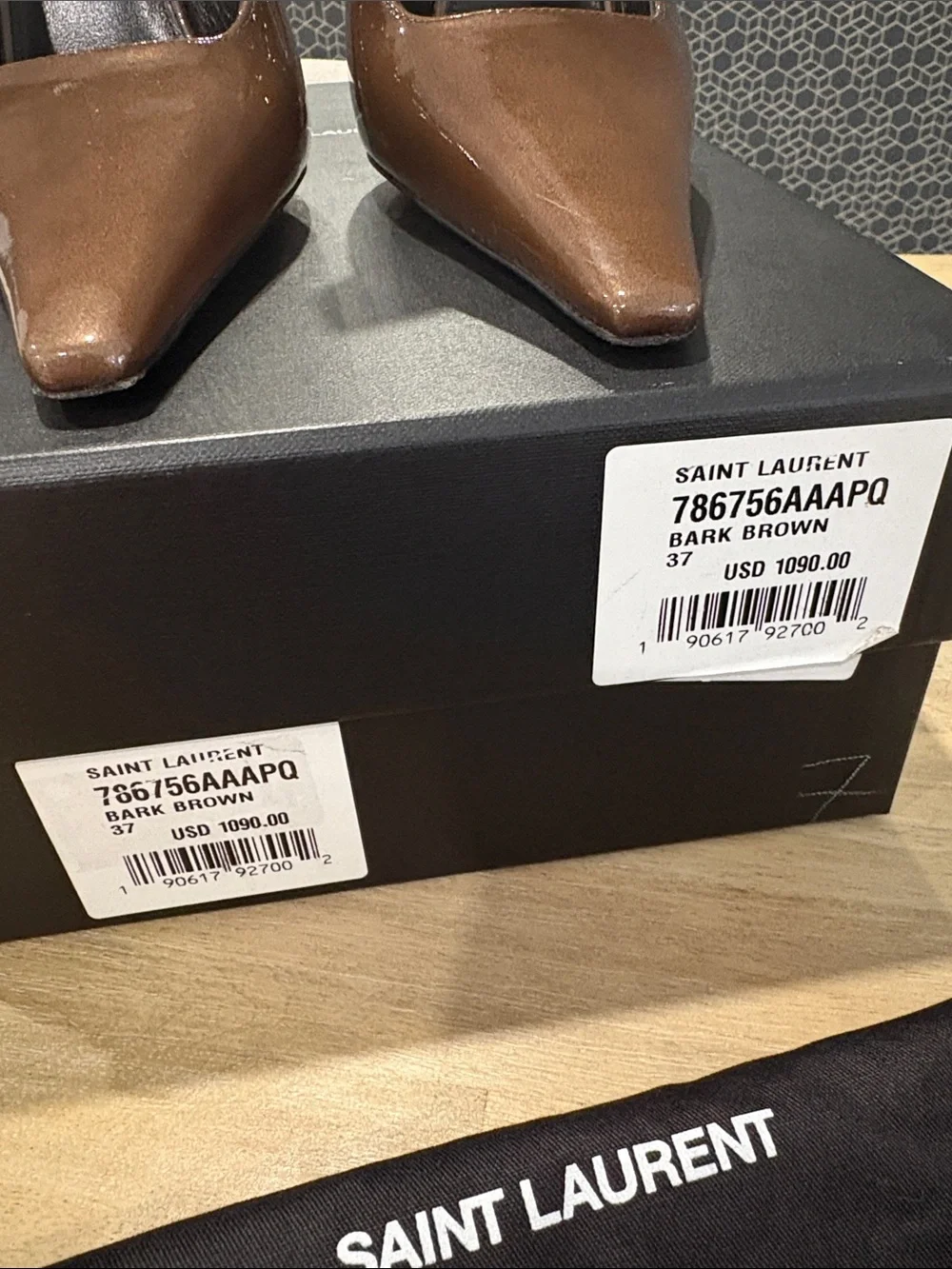 Saint Laurent Brown Patent Pointed Slingback Pumps with original box, dust bags - Picture 2 of 5